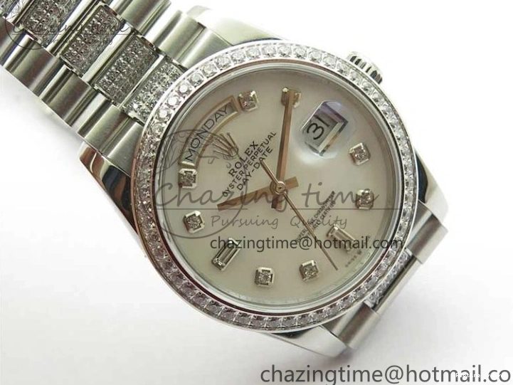 0516 Day-Date 36mm 128239 SS Crystal BP Best Edition White MOP Crystal Marker Dial on SS President Bracelet A MoistureWicking 2682